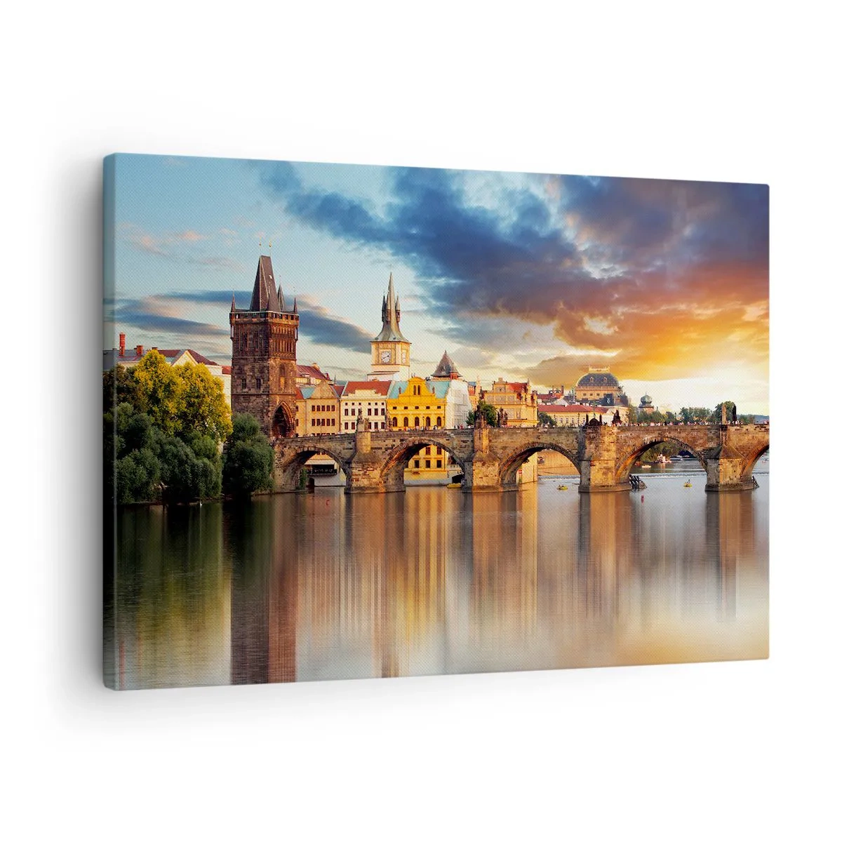 Canvastavla - Bild på duk - Den historiska bron över floden i ljuset av den nedgående solen - 70x50cm - Vacker sedan århundraden - Modern väggdekoration för vardagsrum och sovrum ARTTOR