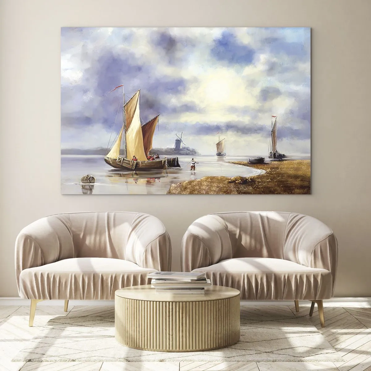 Glastavla - Bild på glas - Segelbåtar på en lugn sjö med väderkvarnar i bakgrunden - 70x50cm - Seglarnas hemkomst - Modern väggdekoration för vardagsrum och sovrum ARTTOR