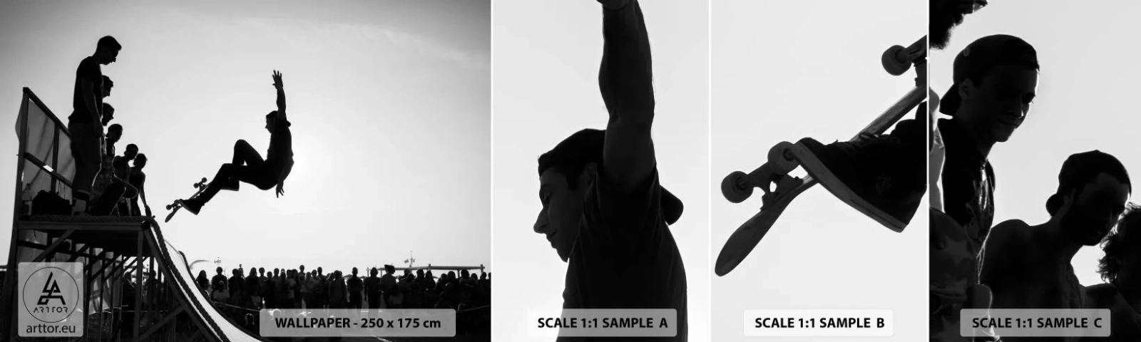 Provbit av självhäftande fototapet Deluxe Sticker - Hjältar och tittare - Skatepark, Skateboard, Sport - 100x30 cm