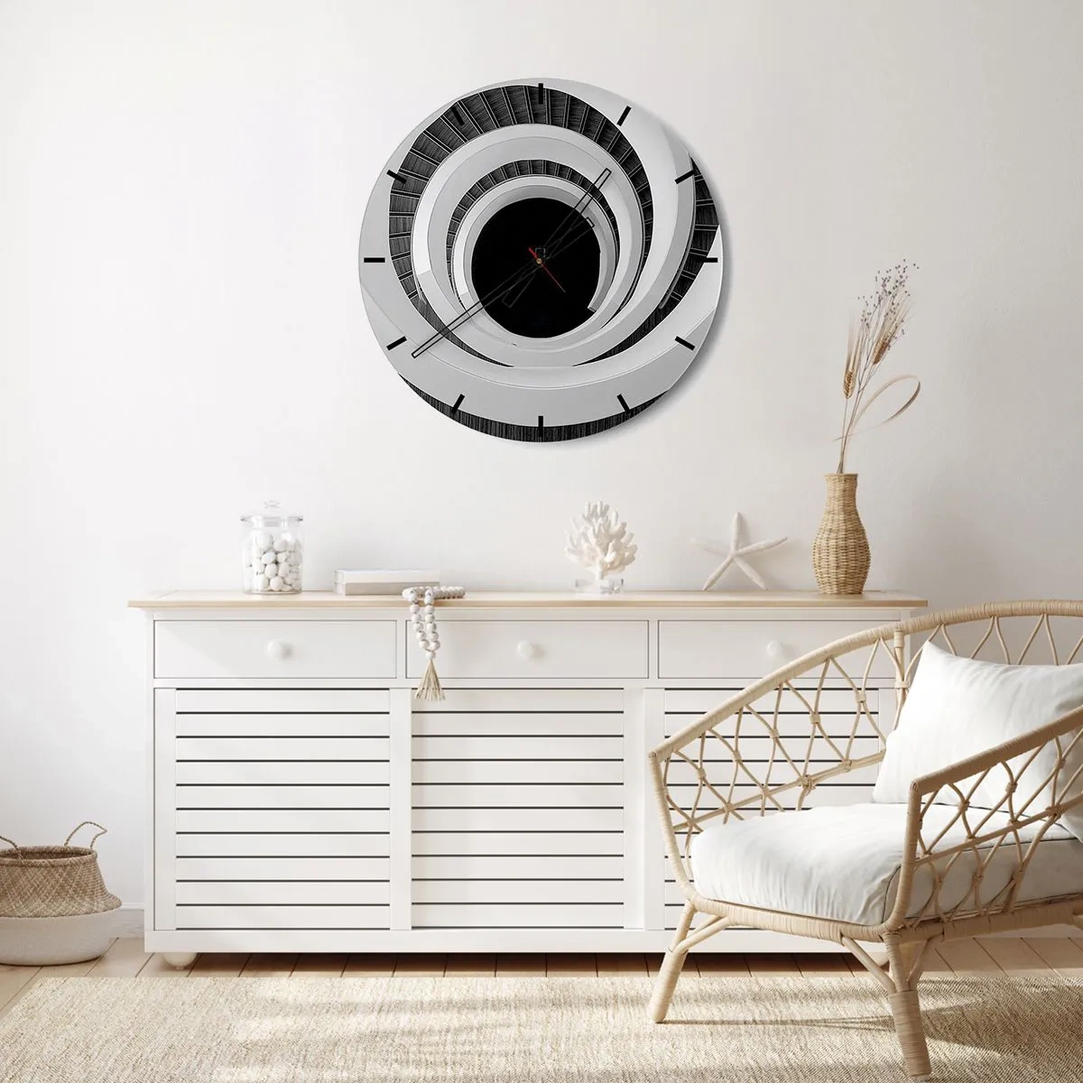 Väggklocka - Klocka på glas - Spiraltrappa i svartvitt stil - 30x30cm - Till sakens kärna - Modern väggdekoration för vardagsrum, kök och sovrum ARTTOR