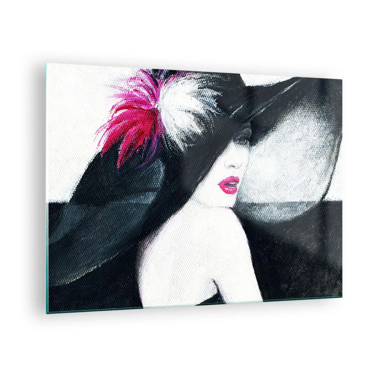 Glastavla - Bild på glas - Porträtt av en kvinna i en stor hatt med en rosa fjäder - 70x50cm - Alltid hemlighet - Modern väggdekoration för vardagsrum och sovrum ARTTOR