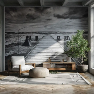 Självhäftande Fototapet Deluxe Sticker - Jag väntar på vind som blåser bort... - Landskap, Träbro, Hav - 200x140 cm