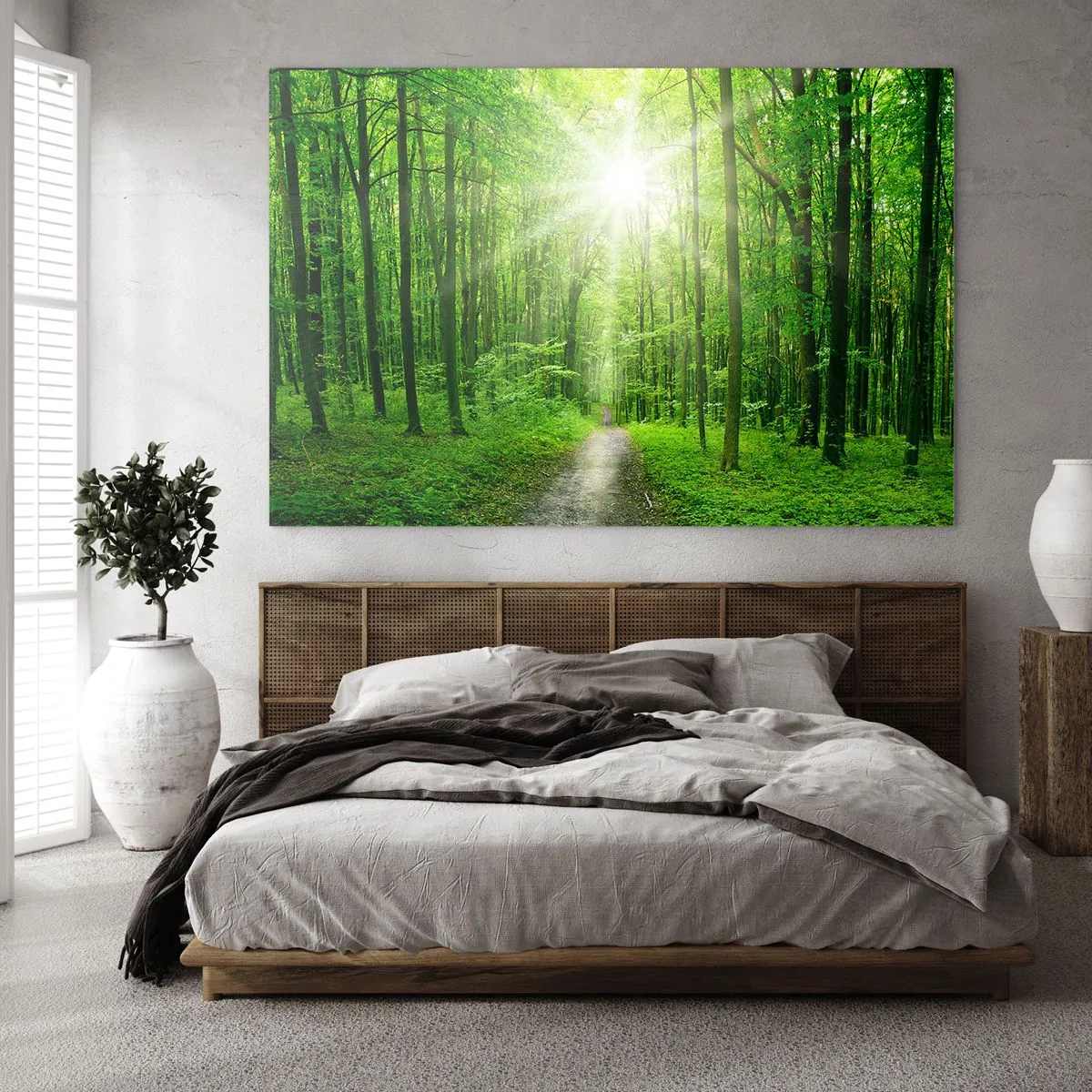 Glastavla - Bild på glas - En stig i skogen upplyst av solens strålar - 70x50cm - Grön domkyrka - Modern väggdekoration för vardagsrum och sovrum ARTTOR