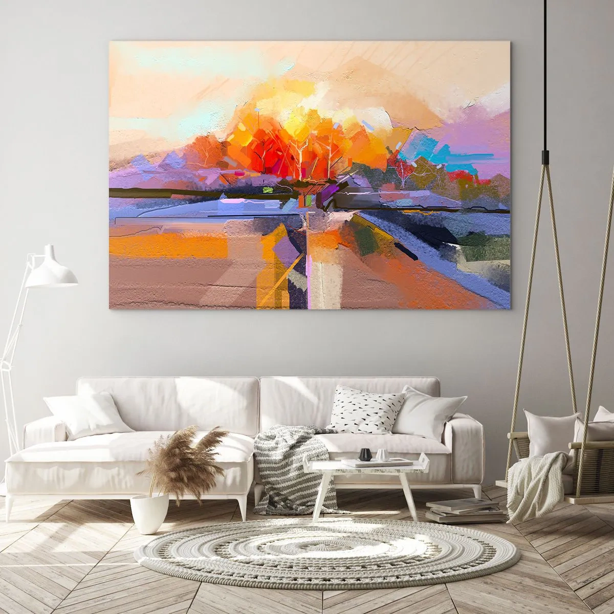 Glastavla - Bild på glas - Abstrakt landskap med en solnedgång och färgglada fält - 70x50cm - Så blev det höst - Modern väggdekoration för vardagsrum och sovrum ARTTOR