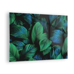 Glastavla - Bild på glas - Närbild av löv i intensiva gröna nyanser - 70x50cm - I gröna folkmassan - Modern väggdekoration för vardagsrum och sovrum ARTTOR