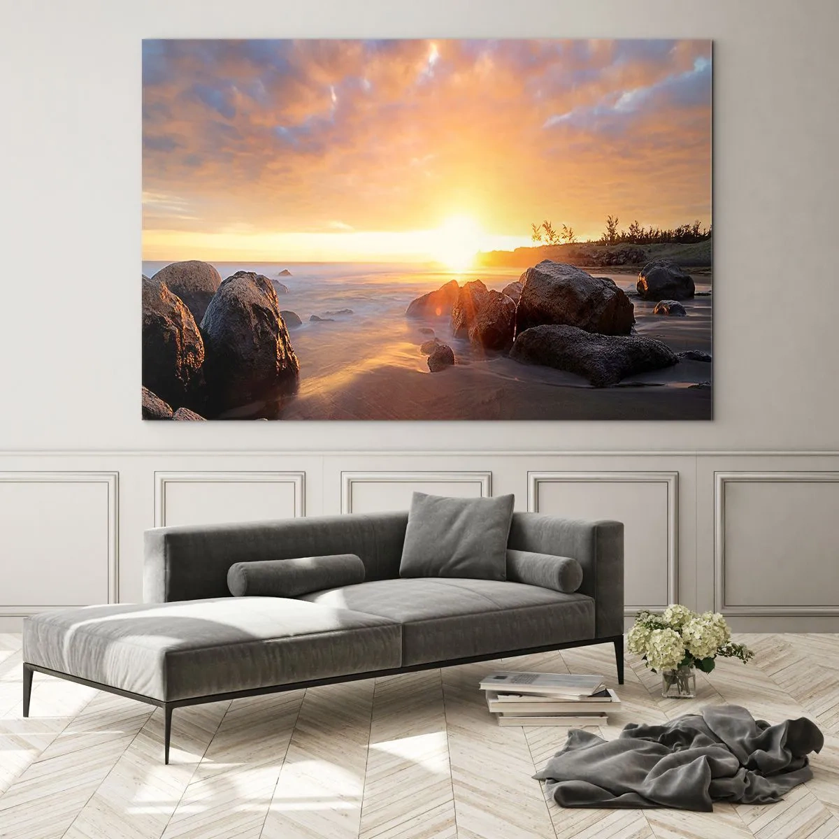 Glastavla - Bild på glas - Solnedgång över havet med stenar på stranden - 70x50cm - Kvällens ljusa bris - Modern väggdekoration för vardagsrum och sovrum ARTTOR