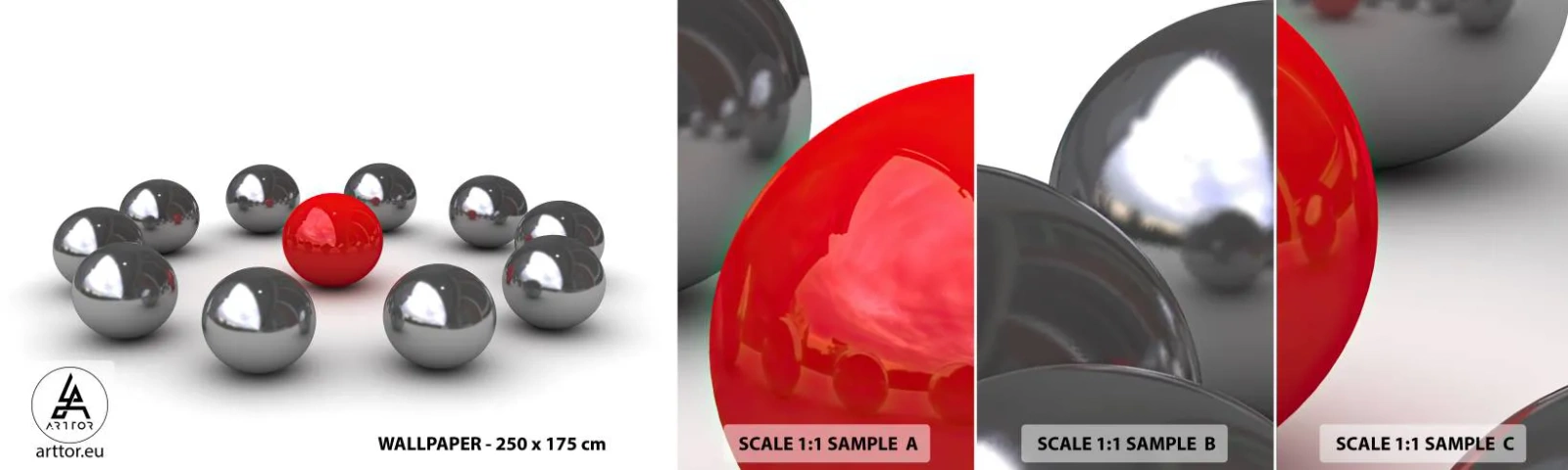 Provbit av självhäftande fototapet Deluxe Sticker - Ring i silver och röd - Abstraktion, 3D, Runda bollar - 100x30 cm