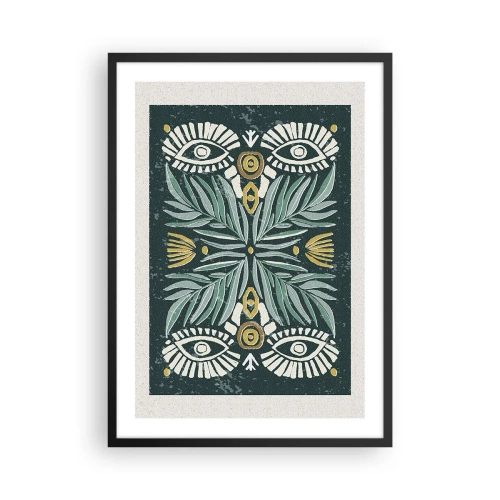 Affisch i svart ram - Symmetriskt mönster med löv och ögon på en mörk bakgrund - 50x70cm - Som ett folkligt mönster - Modern väggdekoration för vardagsrum och sovrum ARTTOR