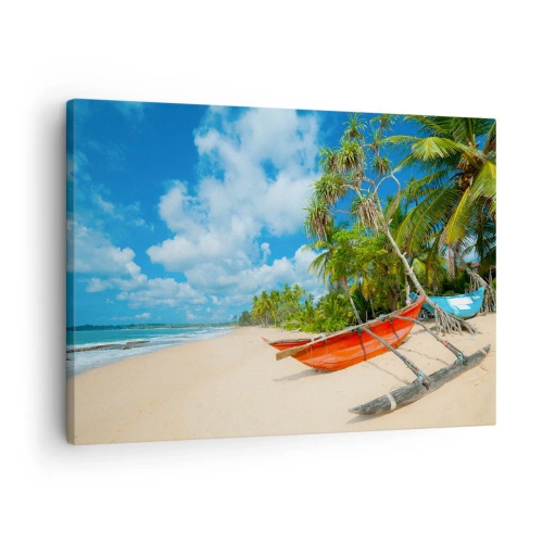 Canvastavla - Bild på duk - Tropisk strand med palmer och färgglada båtar - 70x50cm - Tropikens charm - Modern väggdekoration för vardagsrum och sovrum ARTTOR