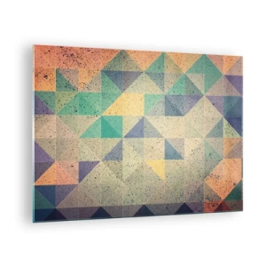 Glastavla - Bild på glas - Färgglad mosaik med geometriska trianglar i retrostil - 70x50cm - Trianglarnas republik - Modern väggdekoration för vardagsrum och sovrum ARTTOR