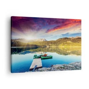 Canvastavla - Bild på duk - Solnedgång över sjön med båtar vid piren - 70x50cm - Vid spegelklart vatten - Modern väggdekoration för vardagsrum och sovrum ARTTOR