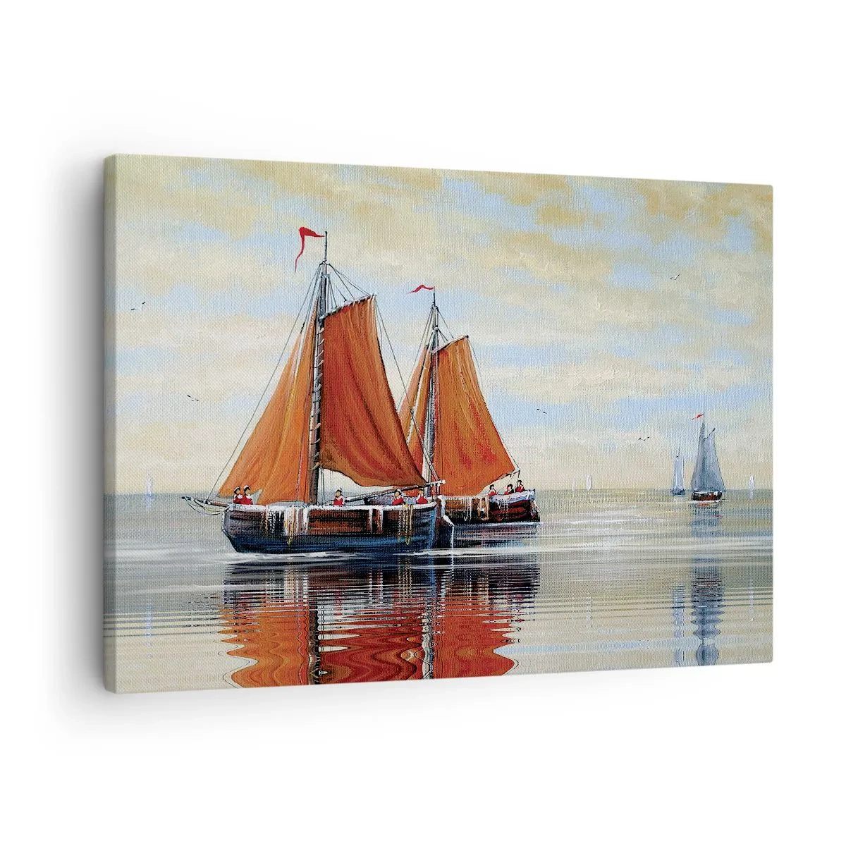 Canvastavla - Bild på duk - Tvåmastade segelbåtar i lugnt vatten - 70x50cm - Hej, segla seglaren… - Modern väggdekoration för vardagsrum och sovrum ARTTOR