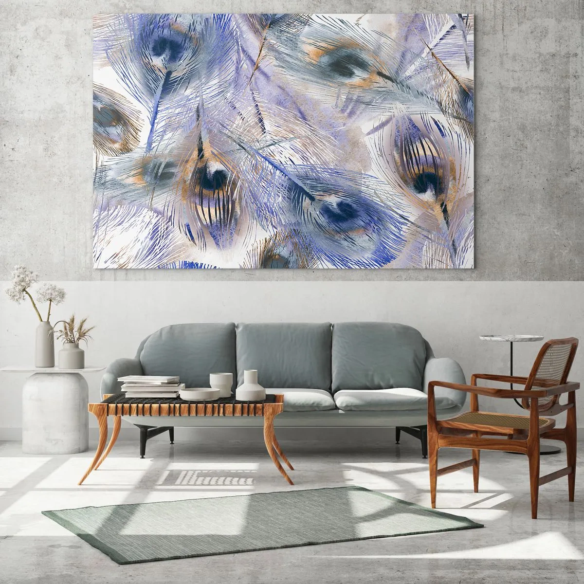Glastavla - Bild på glas - Komposition med påfågelsfjädrar - 120x80 cm