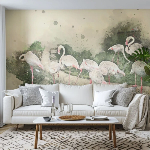 Självhäftande Fototapet Deluxe Sticker - Exotisk dröm - Fåglar, Flamingos, Natur - 100x70 cm