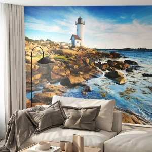 Fototapet Standard Eco - En fyr på en klippig kust vid solnedgången - 100x70cm - Kom lyckligt tillbaka, jag väntar - Modern väggdekoration för vardagsrum och sovrum ARTTOR