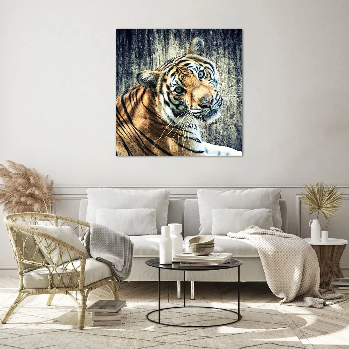 Glastavla - Bild på glas - Porträtt i ljusstrålar - 60x60 cm