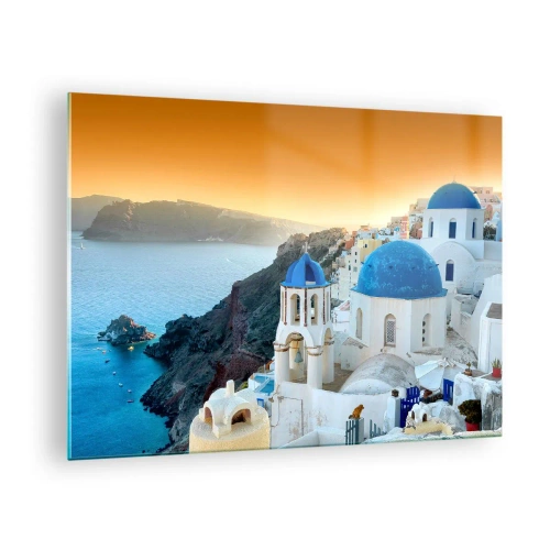 Glastavla - Bild på glas - Utsikt över Santorini med dess blå kupoler och klippor - 70x50cm - Santorini - inbäddat i berg - Modern väggdekoration för vardagsrum och sovrum ARTTOR