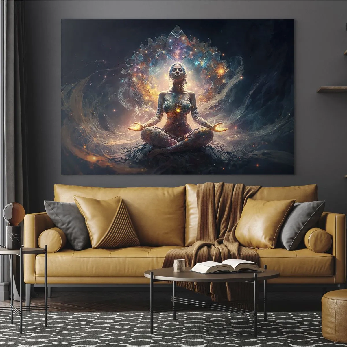 Glastavla - Bild på glas - En mediterande kvinna i en lysande aura av energi och färg - 70x50cm - Flöde av god energi - Modern väggdekoration för vardagsrum och sovrum ARTTOR