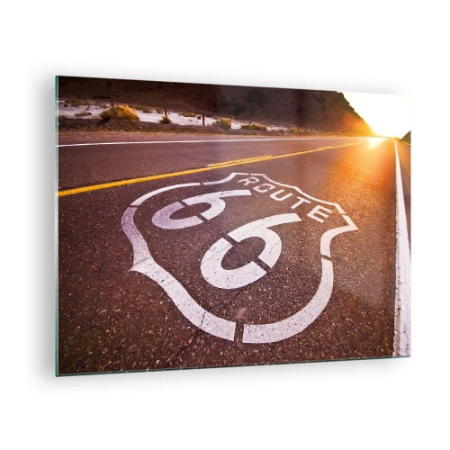 Glastavla - Bild på glas - Route 66 vid solnedgången - 70x50cm - Den kända Route 66 - Modern väggdekoration för vardagsrum och sovrum ARTTOR