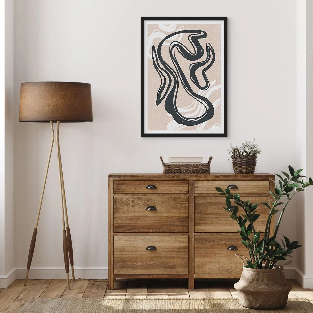 Affisch i svart ram - Abstrakt linje på en beige bakgrund - 50x70cm - Mångfaldigt uttryck - Modern väggdekoration för vardagsrum och sovrum ARTTOR