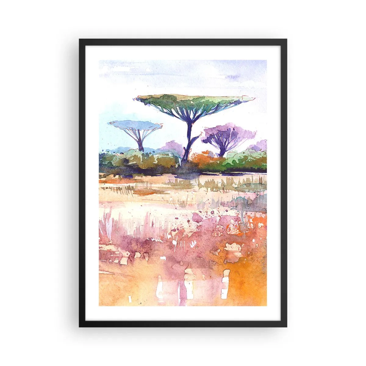Affisch i svart ram - En akvarellmålning av ett savannlandskap med akaciaträd. - 50x70cm - Savannens färg - Modern väggdekoration för vardagsrum och sovrum ARTTOR