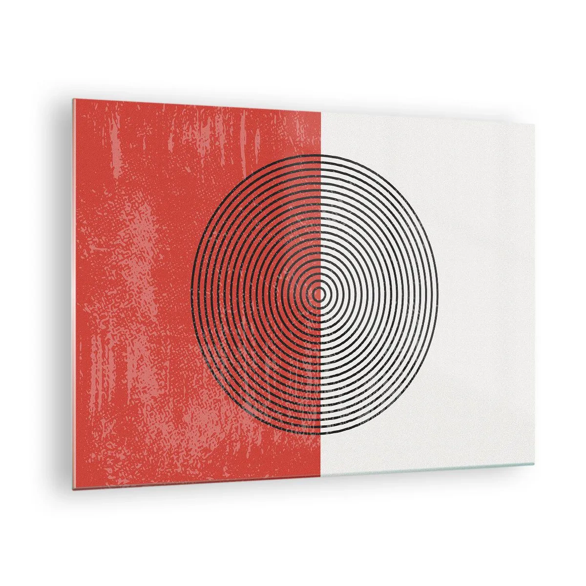 Glastavla - Bild på glas - Geometriskt mönster med en cirkel på en röd och vit bakgrund - 70x50cm - Mitt i prick - Modern väggdekoration för vardagsrum och sovrum ARTTOR