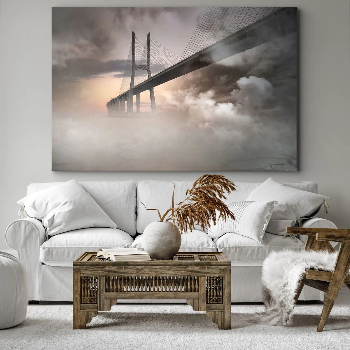 Canvastavla - Bild på duk - En bro över en flod omgiven av dimma på morgonen - 70x50cm - Vid en flod som inte finns - Modern väggdekoration för vardagsrum och sovrum ARTTOR
