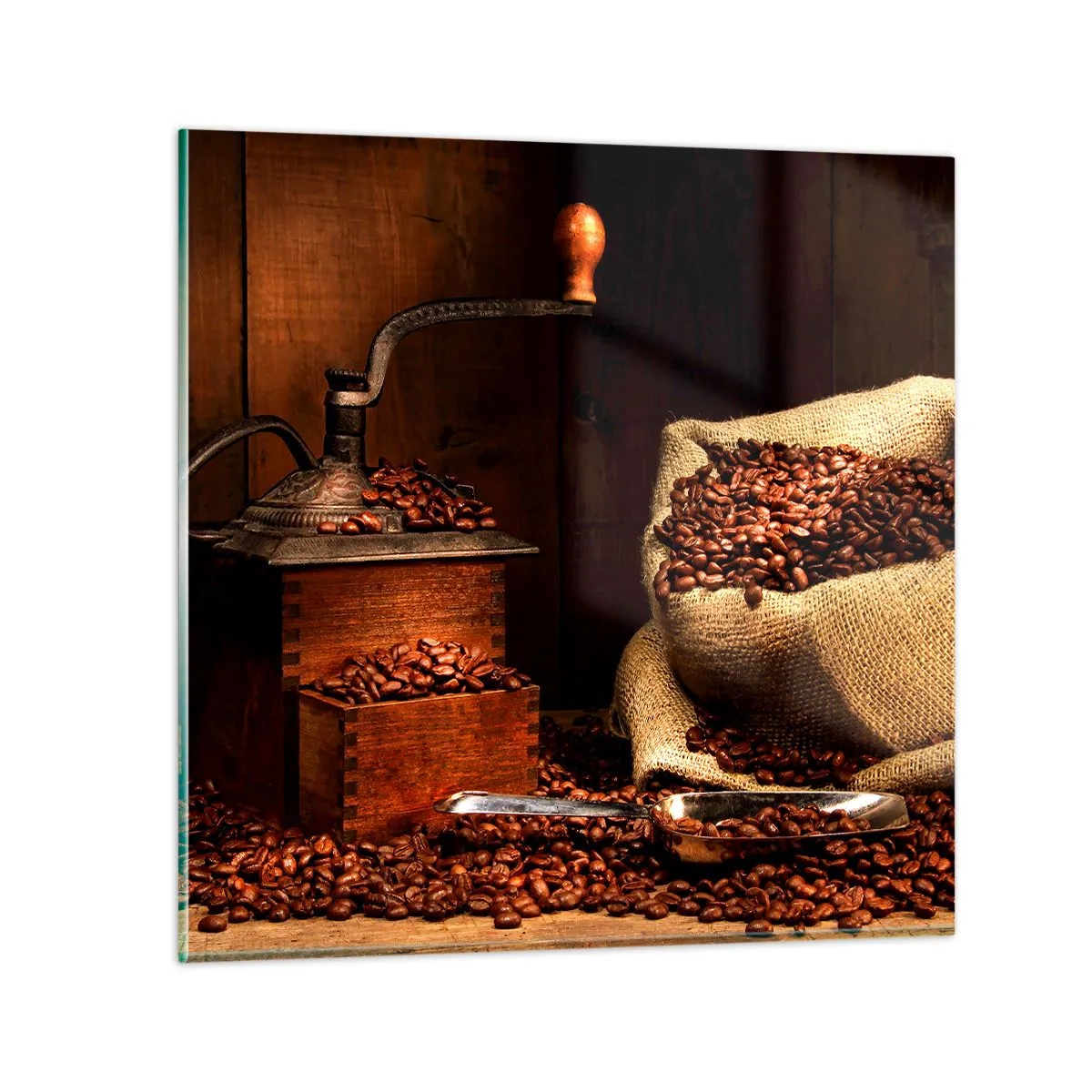 Glastavla - Bild på glas - Stilleben med kaffebönor och kvarn - 40x40 cm