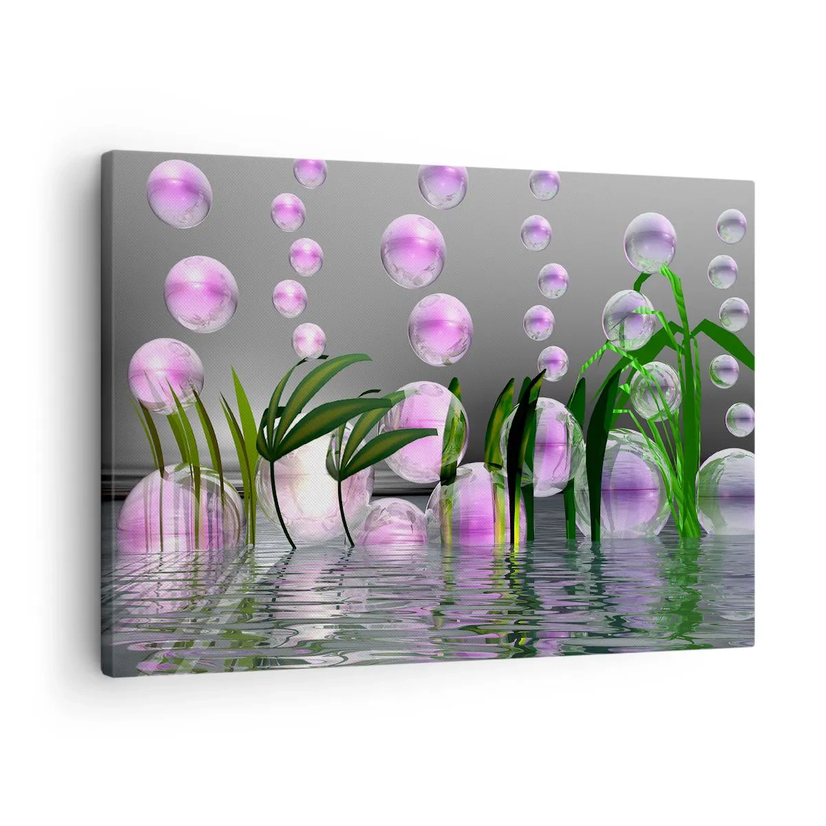 Canvastavla - Bild på duk - Gröna blad och rosa bubblor ovanför vattnet på en grå bakgrund - 70x50cm - Tankeväckande komposition av lätthet och liv - Modern väggdekoration för vardagsrum och sovrum ARTTOR