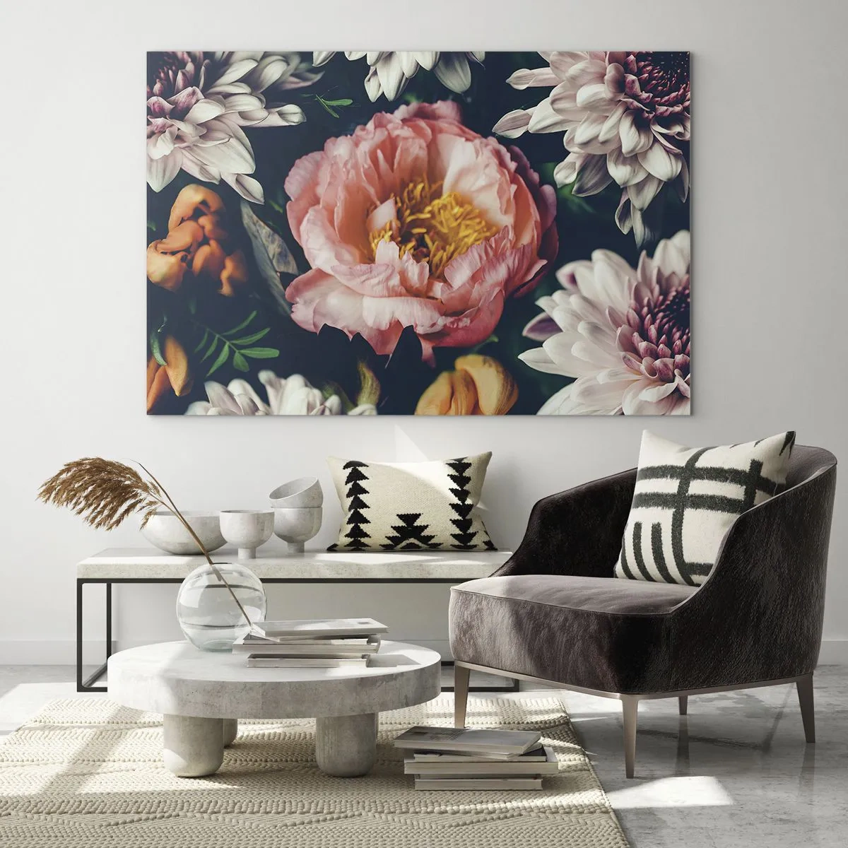 Glastavla - Bild på glas - Närbild av pioner och krysantemum i pastellfärger - 70x50cm - Med barockprakt - Modern väggdekoration för vardagsrum och sovrum ARTTOR