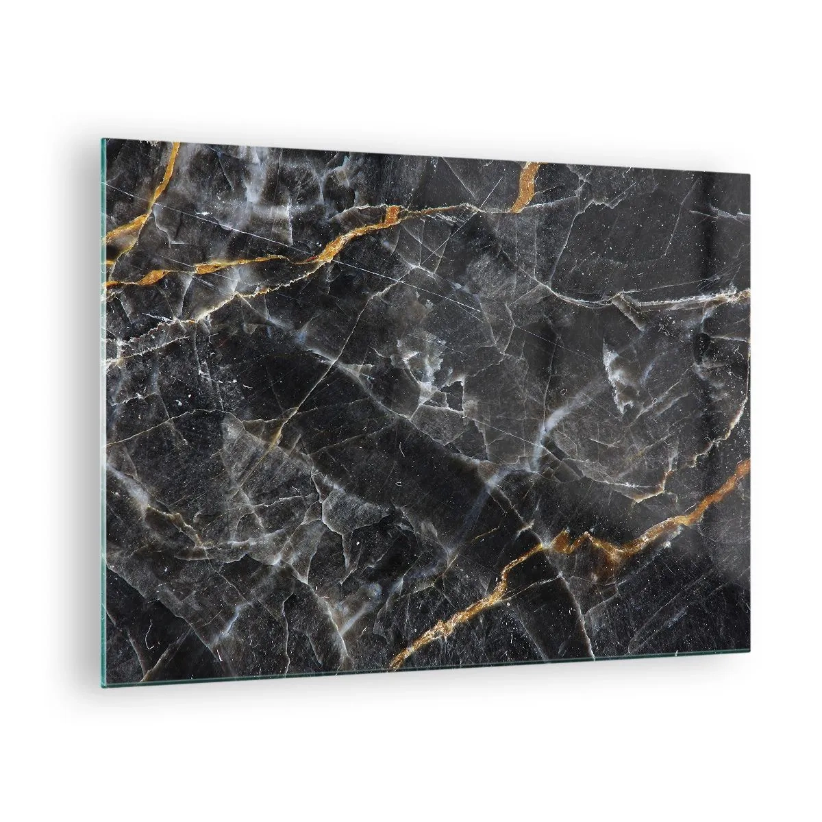 Glastavla - Bild på glas - Svart och guld marmormönster med vita ådror - 70x50cm - Stenens interna liv - Modern väggdekoration för vardagsrum och sovrum ARTTOR