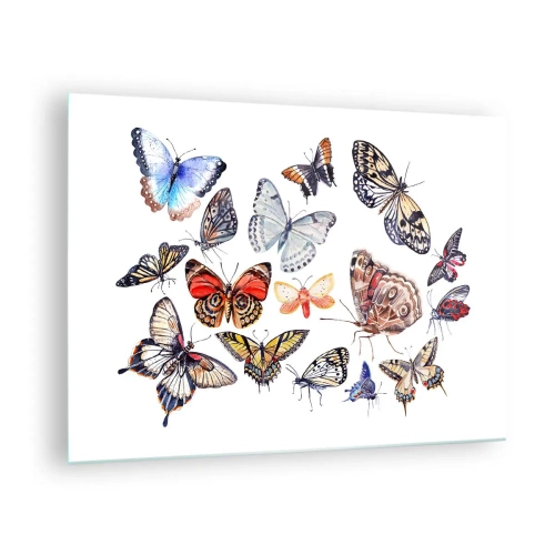 Glastavla - Bild på glas - Färgglada fjärilar i en konstnärlig komposition - 70x50cm - Färgglada fjärilar - Modern väggdekoration för vardagsrum och sovrum ARTTOR