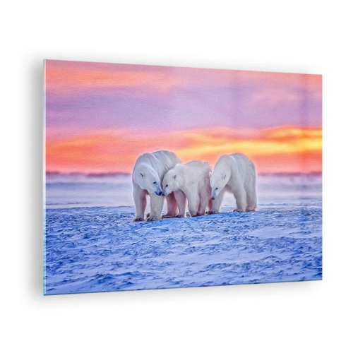 Glastavla - Bild på glas - Tre isbjörnar på en snöig bakgrund vid solnedgången - 70x50cm - Det räcker med familjevärme - Modern väggdekoration för vardagsrum och sovrum ARTTOR