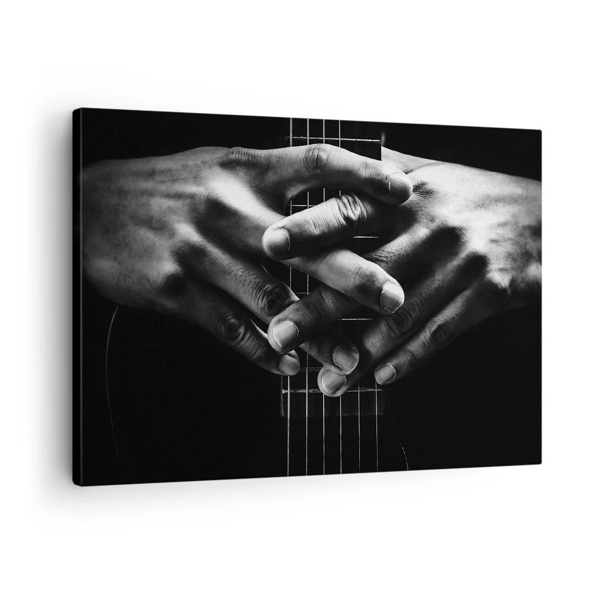 Canvastavla - Bild på duk - Händerna knäppta på en gitarr i en monokromatisk ton - 70x50cm - Artistens bön - Modern väggdekoration för vardagsrum och sovrum ARTTOR
