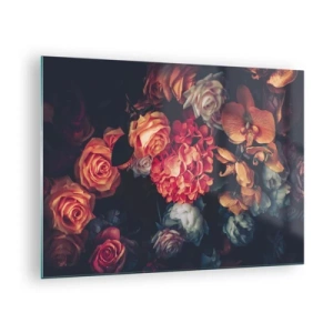 Glastavla - Bild på glas - Mörkt blomsterarrangemang med rosor och orkidéer - 70x50cm - Som hos de holländska mästarna - Modern väggdekoration för vardagsrum och sovrum ARTTOR