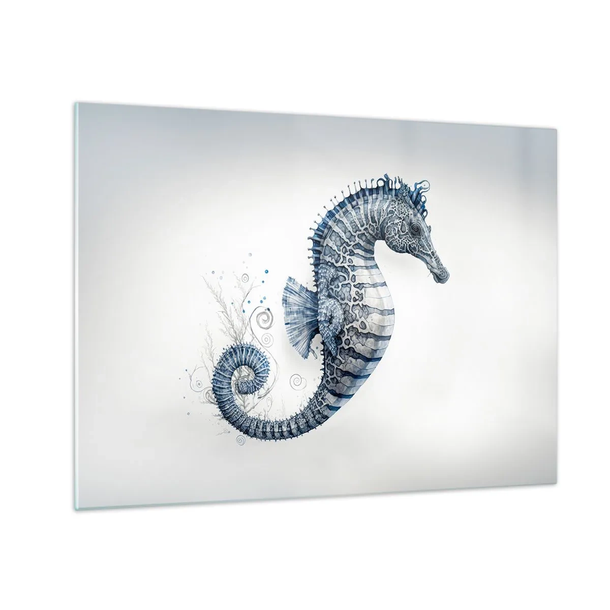 Glastavla - Bild på glas - Blå sjöhäst på en ljus bakgrund i ritstil - 70x50cm - Ett subtilt skämt från naturen - Modern väggdekoration för vardagsrum och sovrum ARTTOR