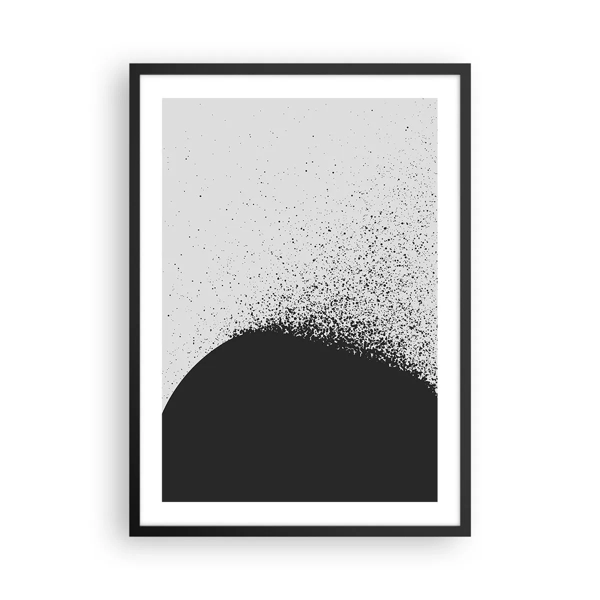 Affisch i svart ram - Minimalistisk abstraktion med en svart fläck på en ljus bakgrund - 50x70cm - Partiklarnas rörelse - Modern väggdekoration för vardagsrum och sovrum ARTTOR