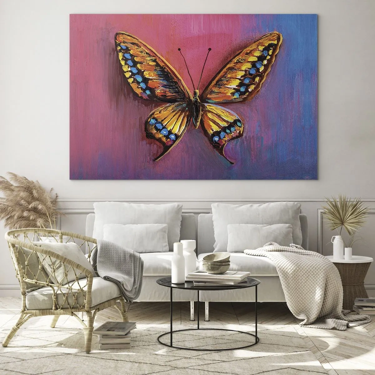 Glastavla - Bild på glas - En färgglad fjäril på en bakgrund i nyanser av rosa och lila - 70x50cm - Naturens klenoder - Modern väggdekoration för vardagsrum och sovrum ARTTOR