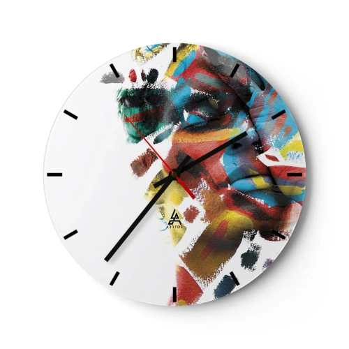 Väggklocka - Klocka på glas - Färgglad abstraktion av ett ansikte med intensiva penseldrag - 30x30cm - Färgrik personlighet - Modern väggdekoration för vardagsrum, kök och sovrum ARTTOR