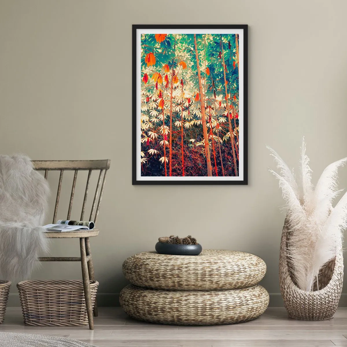 Affisch i svart ram - En färgglad tropisk skog dominerad av rött och grönt - 50x70cm - Lövbladens hemlighetsfulla liv - Modern väggdekoration för vardagsrum och sovrum ARTTOR