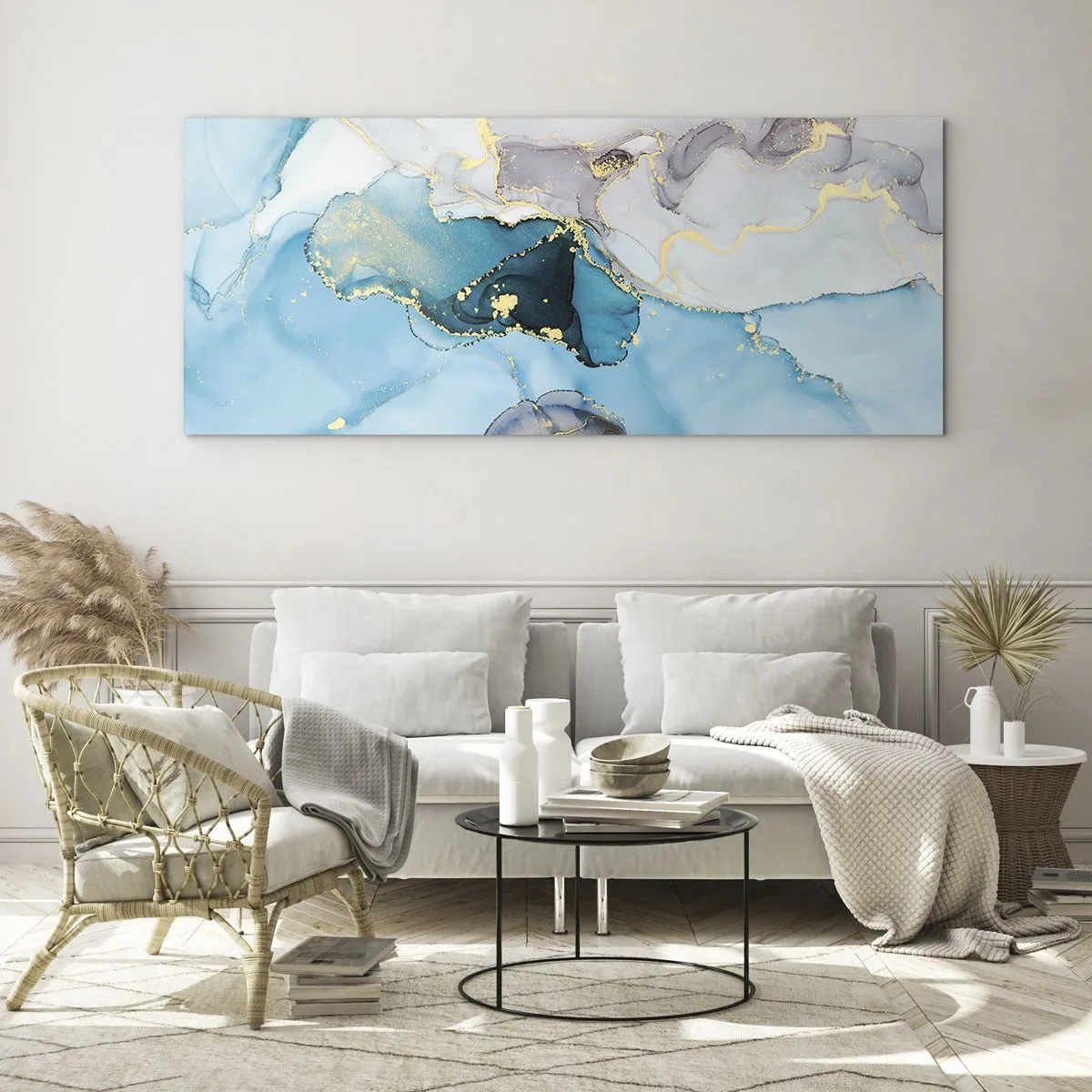 Glastavla - Bild på glas - Studie över mötet mellan grå och turkos - 120x50 cm