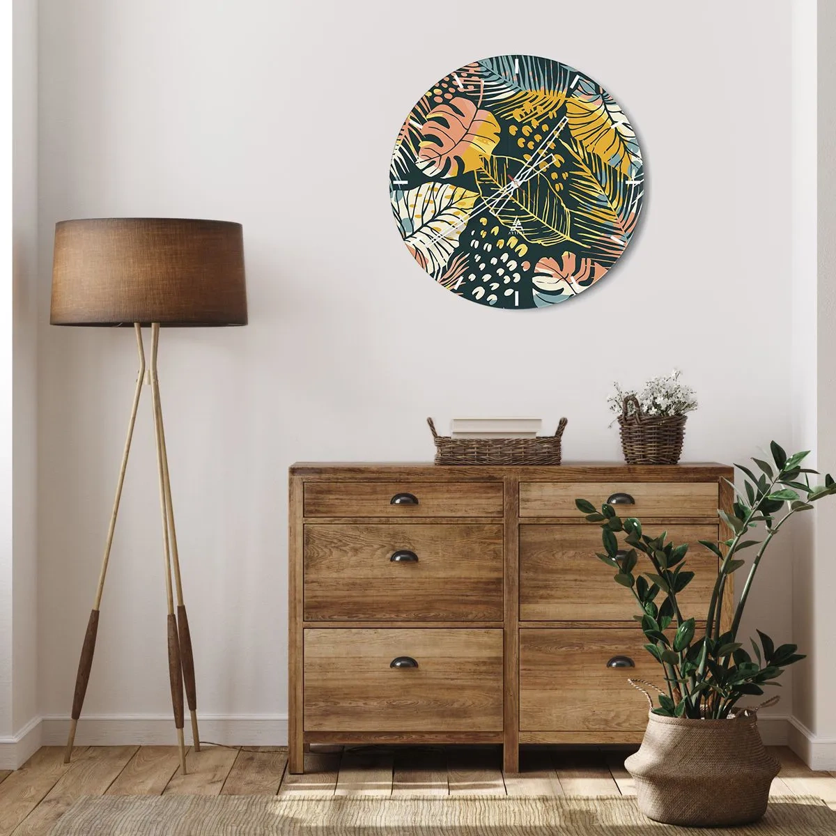 Väggklocka - Klocka på glas - Färgglatt tropiskt lövmönster på en mörk bakgrund - 30x30cm - Lövfantasi - Modern väggdekoration för vardagsrum, kök och sovrum ARTTOR