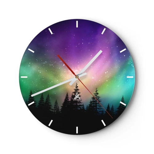 Väggklocka - Klocka på glas - Aurora Borealis över barrskogen - 30x30cm - Vita magin - Modern väggdekoration för vardagsrum, kök och sovrum ARTTOR