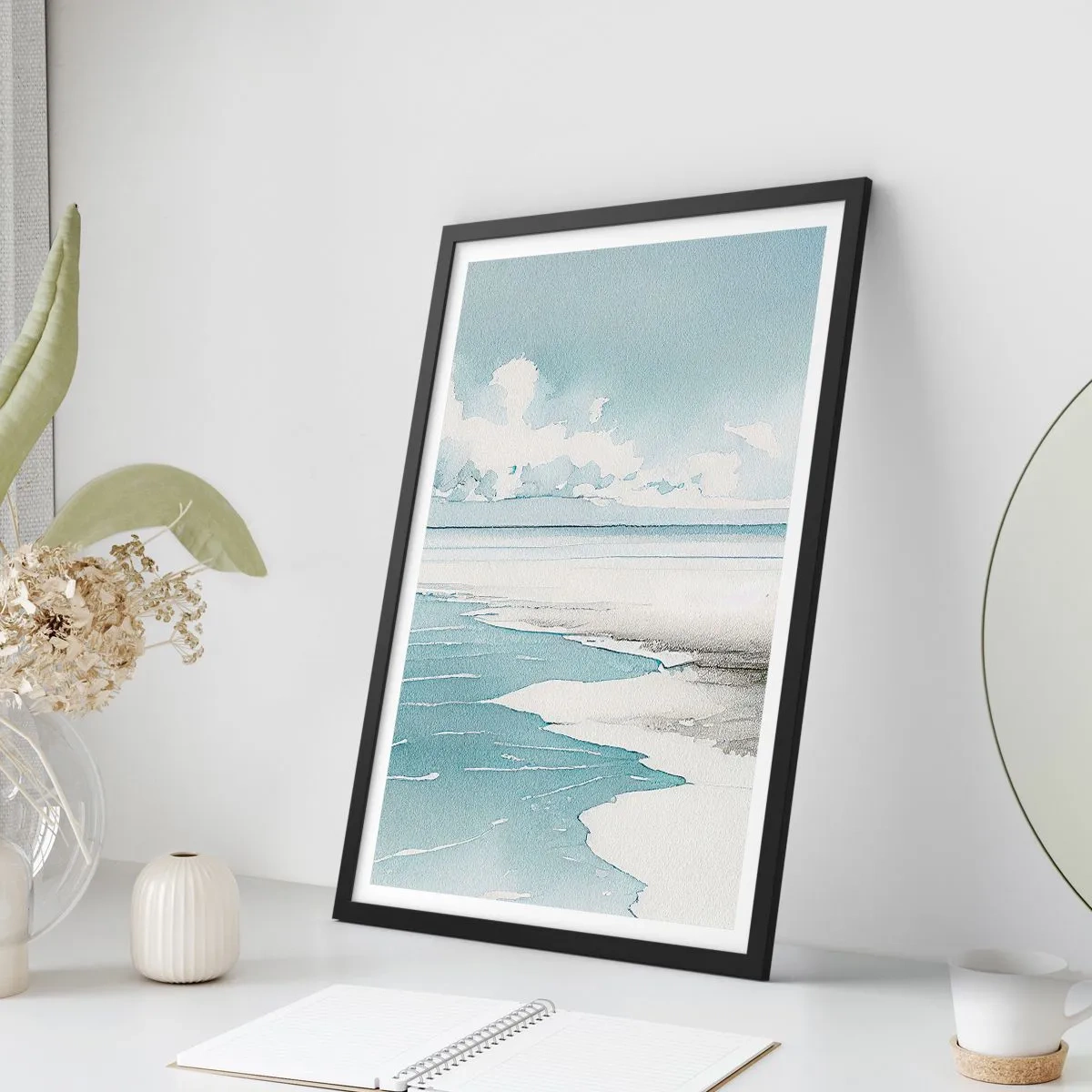 Affisch i svart ram - Akvarell kustlandskap i pastellfärger - 50x70cm - Milt tidvatten - Modern väggdekoration för vardagsrum och sovrum ARTTOR