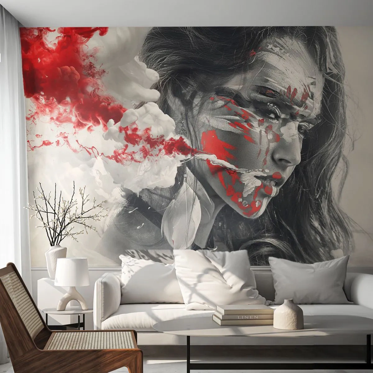 Självhäftande Fototapet Deluxe Sticker - Röd-vit absurdhet - Abstraktion, Kvinnans ansikte, Porträtt av en kvinna - 500x350 cm