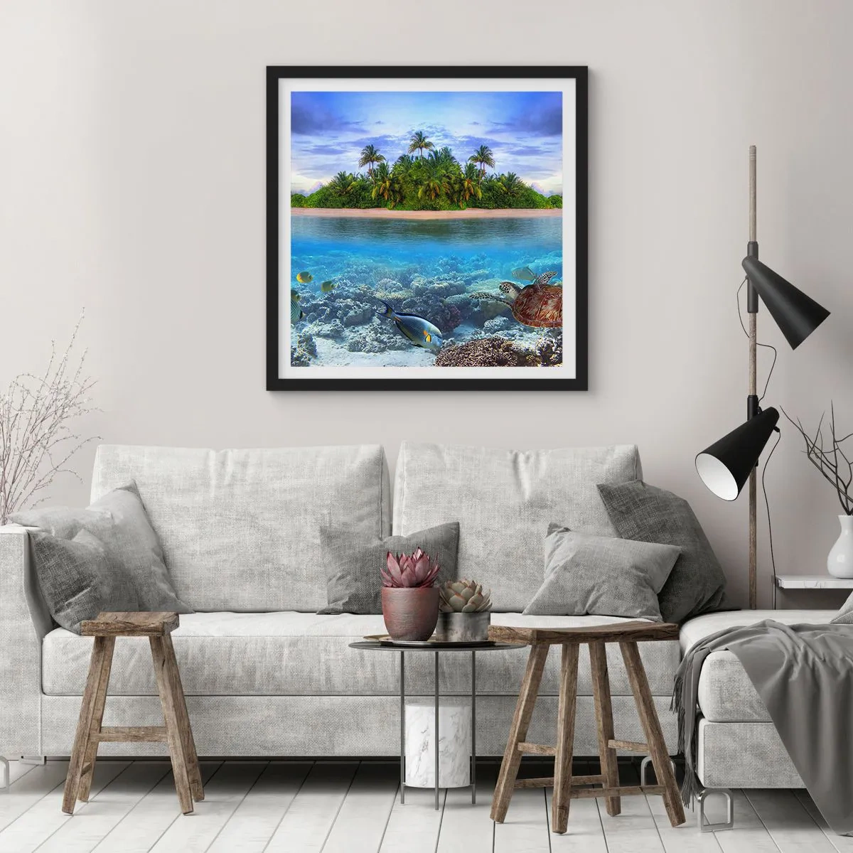 Affisch i svart ram - Himmelska ön hälsar välkommen - 30x30 cm