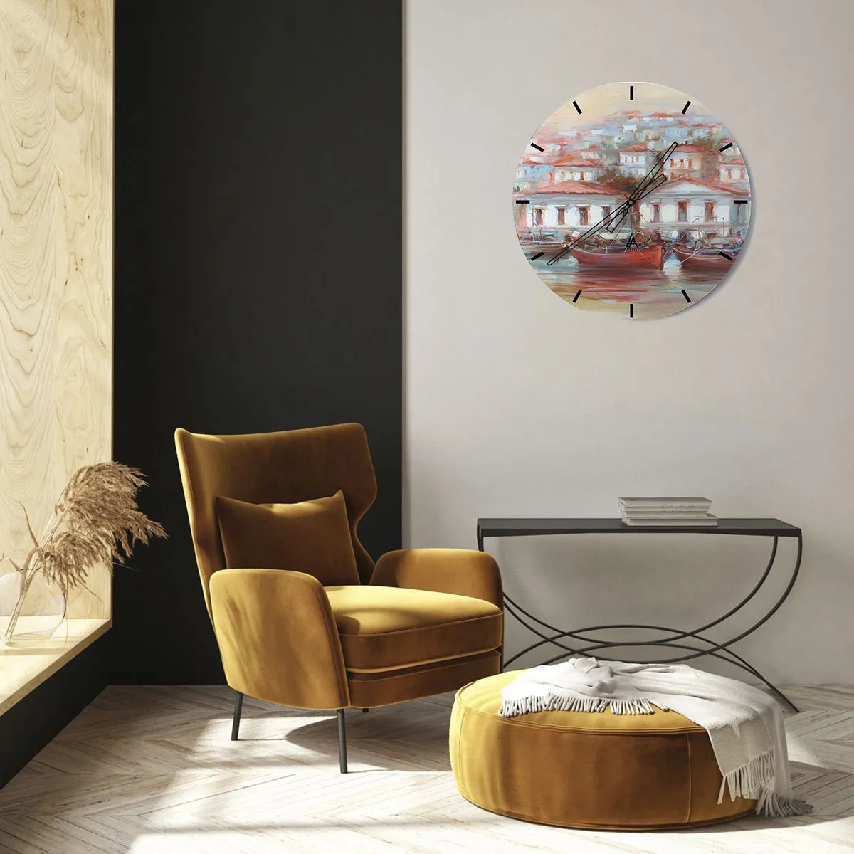 Väggklocka - Klocka på glas - En pittoresk hamn med båtar och medelhavsarkitektur - 30x30cm - Lycklig stad - Modern väggdekoration för vardagsrum, kök och sovrum ARTTOR
