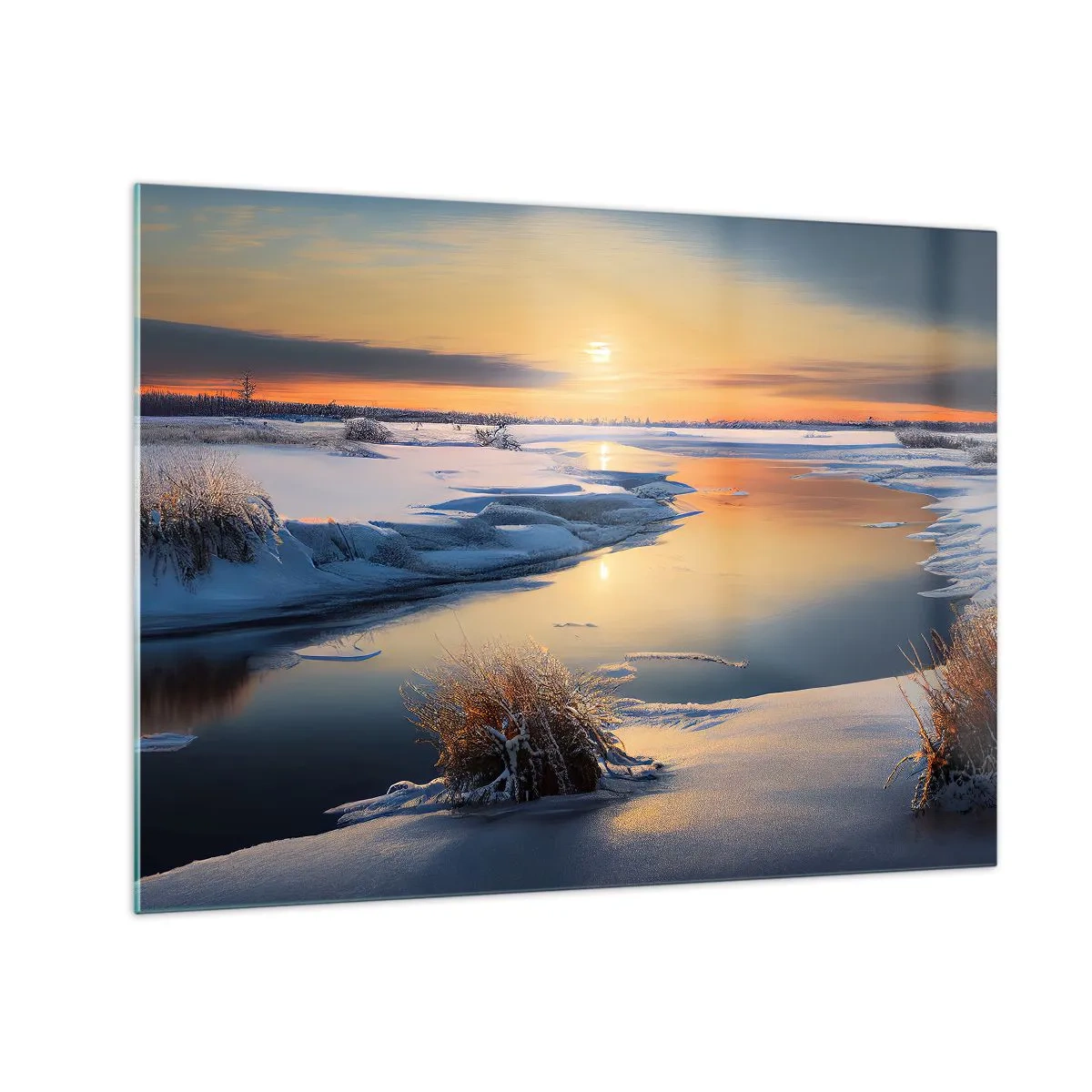 Glastavla - Bild på glas - Vinterlandskap med solnedgång över en frusen flod - 70x50cm - Vintersolnedgång - Modern väggdekoration för vardagsrum och sovrum ARTTOR