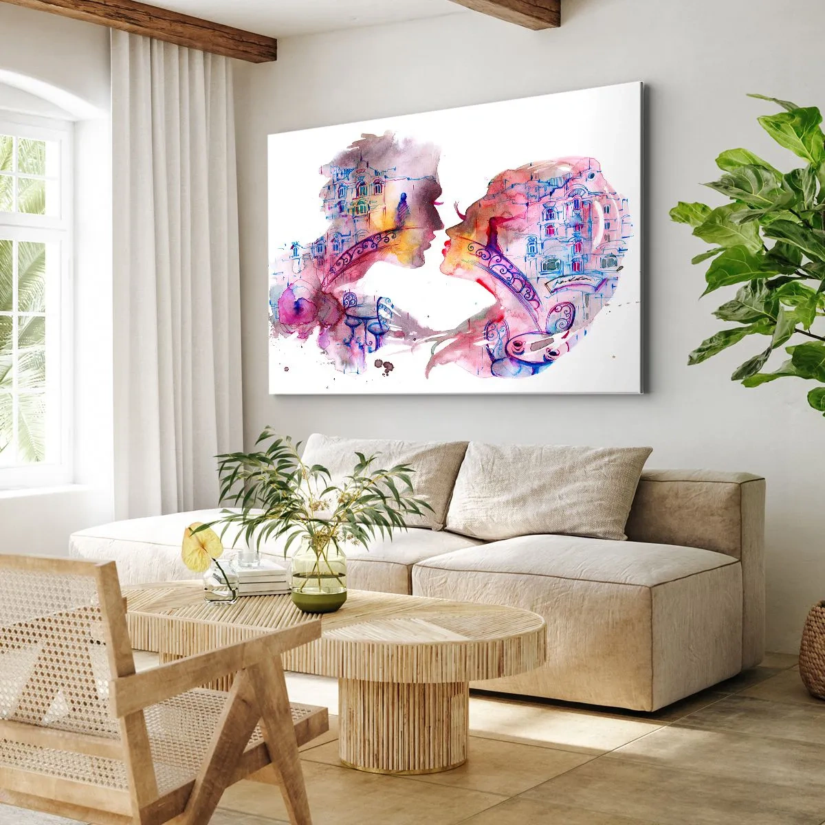 Canvastavla - Bild på duk - En romantisk akvarell som visar silhuetter av älskare - 70x50cm - Suckarnas hemliga bro - Modern väggdekoration för vardagsrum och sovrum ARTTOR