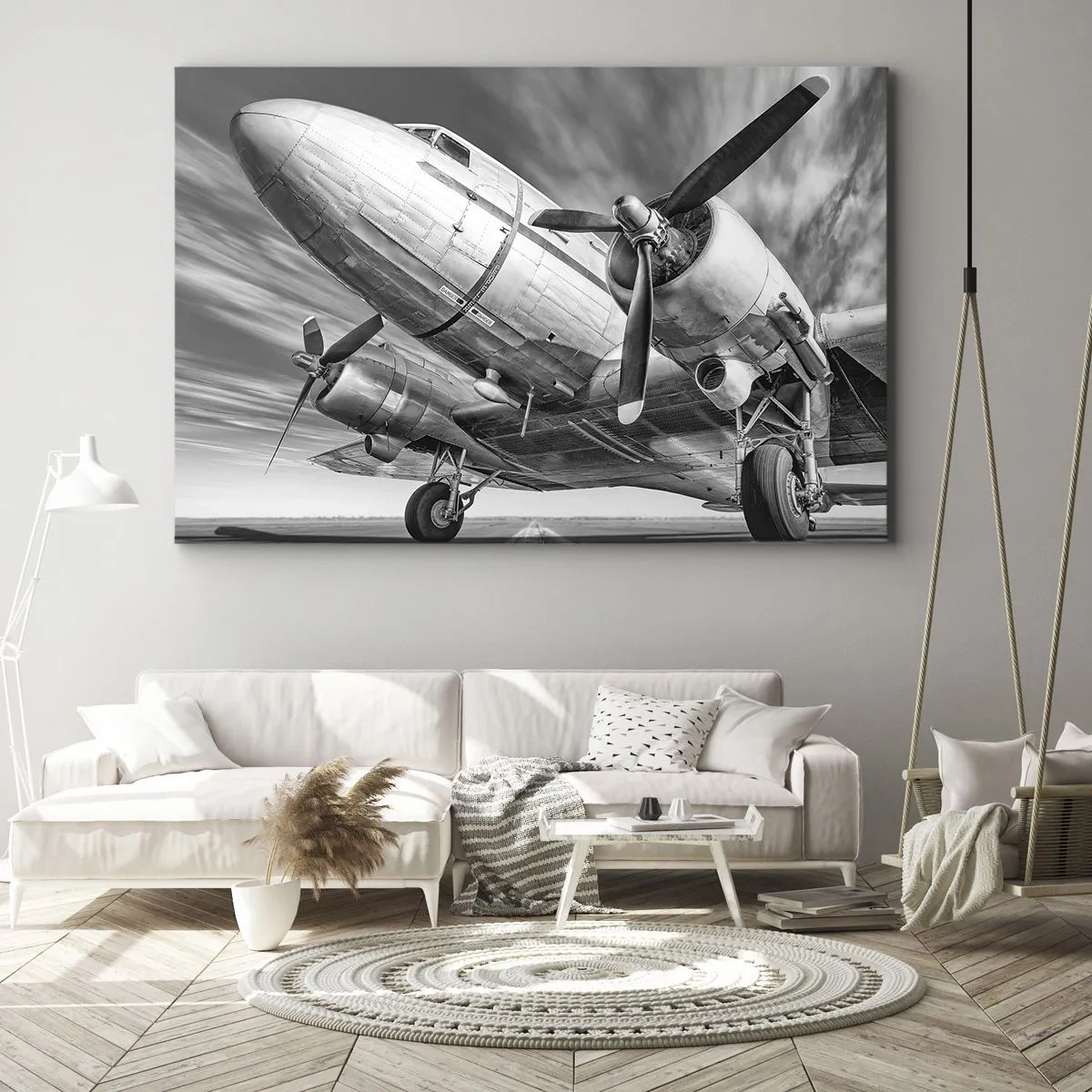 Canvastavla - Bild på duk - En svartvit bild av ett klassiskt flygplan med synliga strukturella detaljer. - 70x50cm - Alltid flygklart - Modern väggdekoration för vardagsrum och sovrum ARTTOR